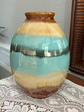 Vintage Drip Glaze Pottery Vase MCM Earthy Coastal Bohemian Southwestern Decor